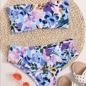 Floral lace up bandeau bikini swimsuit set
